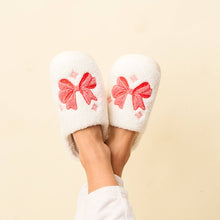 Load image into Gallery viewer, Fuzzy Holiday Bow Slippers - 2 sizes
