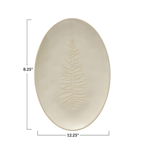 Oval Debossed Stoneware Platter with Tree Design, White