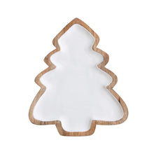 Load image into Gallery viewer, Enameled Mango Wood Christmas Tree Shaped Tray, White &amp; Natural
