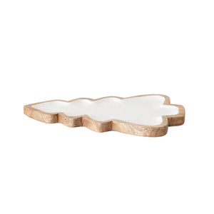 Enameled Mango Wood Christmas Tree Shaped Tray, White & Natural