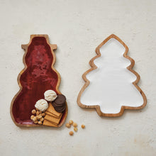 Load image into Gallery viewer, Enameled Mango Wood Christmas Tree Shaped Tray, White &amp; Natural
