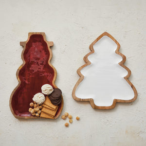 Enameled Mango Wood Christmas Tree Shaped Tray, White & Natural