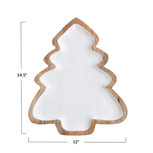 Enameled Mango Wood Christmas Tree Shaped Tray, White & Natural