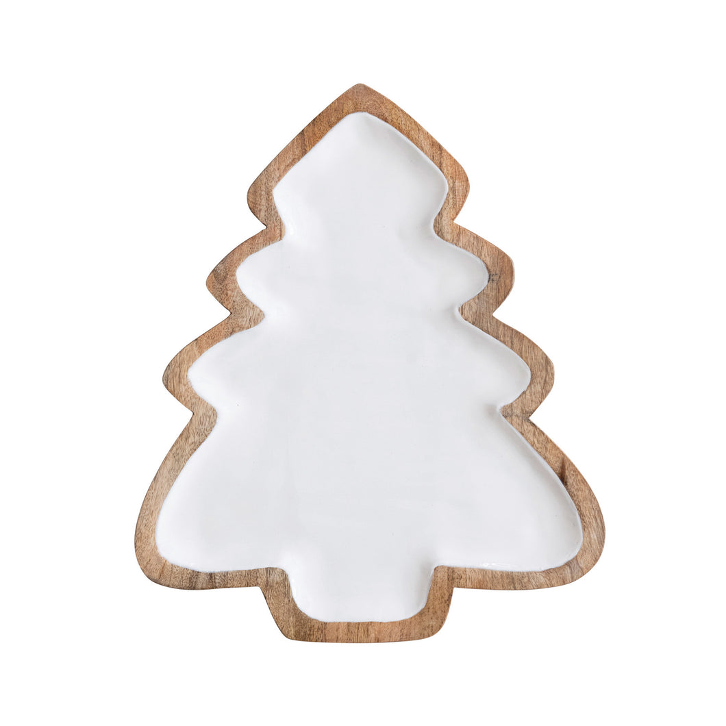 Enameled Mango Wood Christmas Tree Shaped Tray, White & Natural