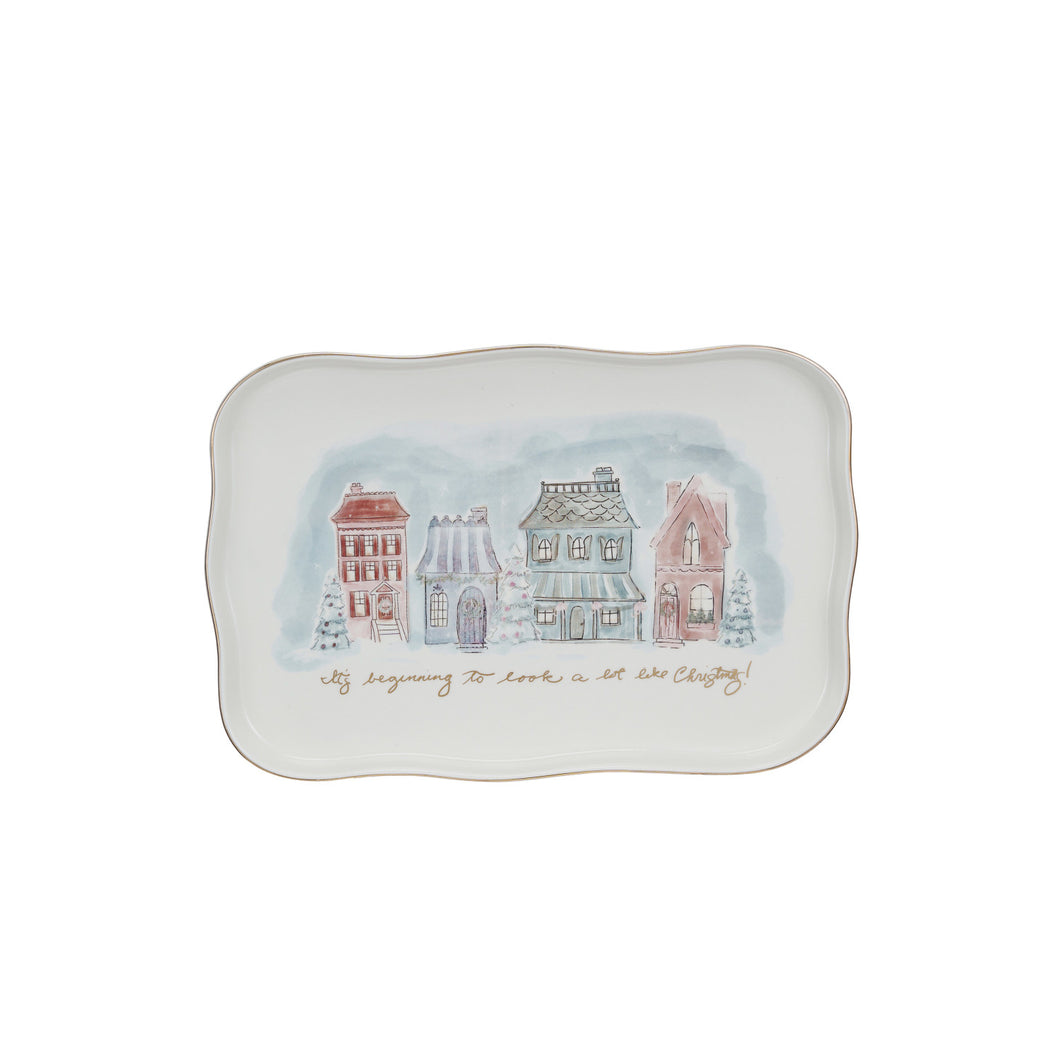 Stoneware Platter w/ Village Christmas Scene & Gold Electroplating