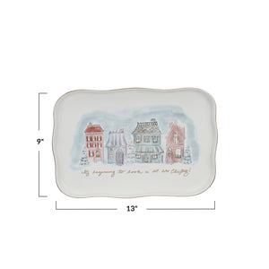 Stoneware Platter w/ Village Christmas Scene & Gold Electroplating