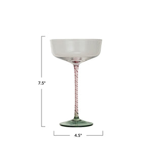 Stemmed Champagne/Coupe Glass w/ Pink Stem & Green Base