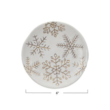 Load image into Gallery viewer, Stoneware Plate with Gold Electroplated Snowflakes, White
