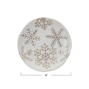 Stoneware Plate with Gold Electroplated Snowflakes, White