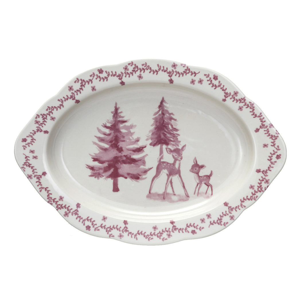 Pink & Cream Stoneware Platter with Deer & Trees