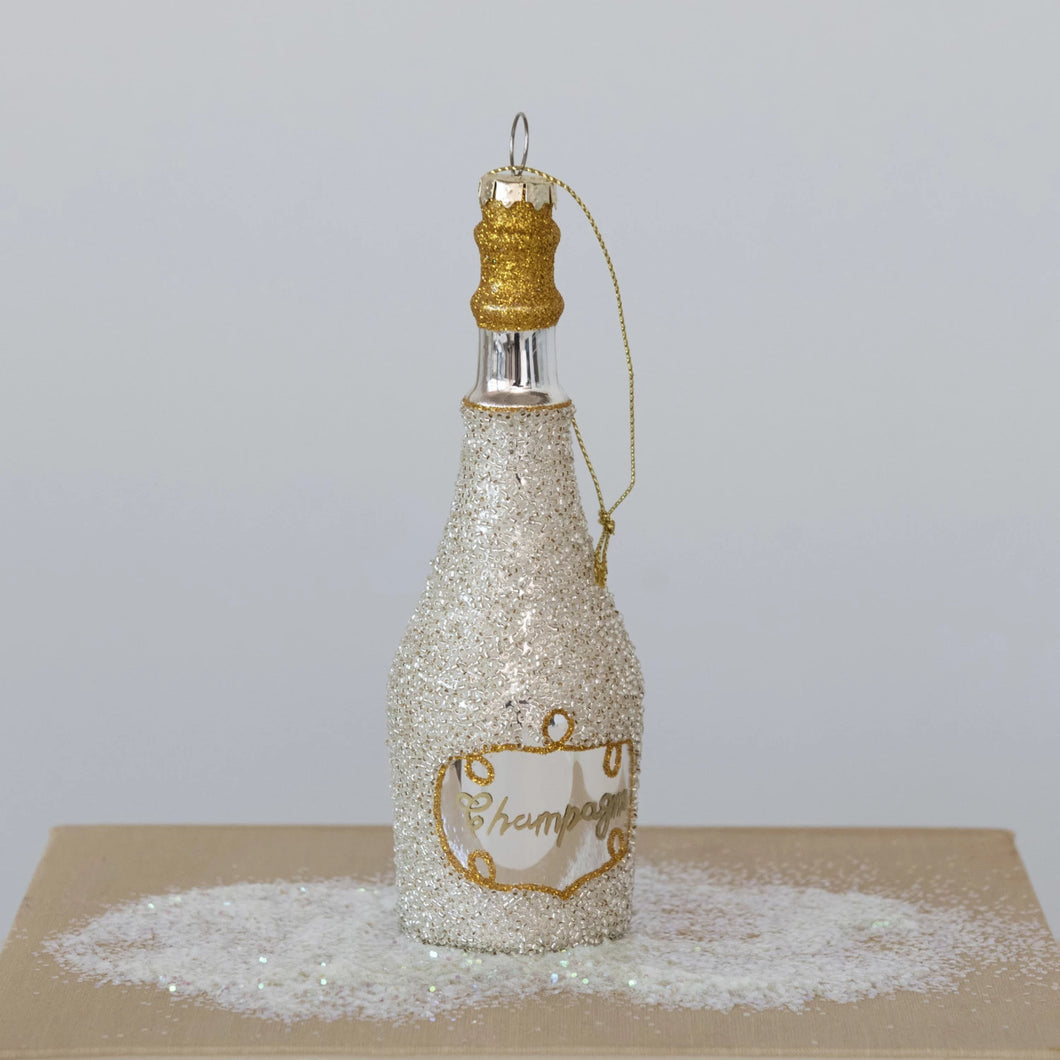 Glass Champagne Bottle Ornament w/ Glitter, Gold & Silver Color